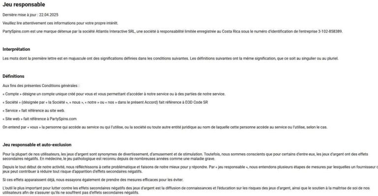 Partyspins Casino jeu responsable